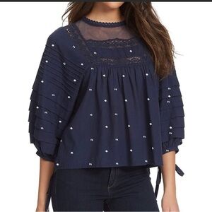 Ella Moss Women's Navy Lyra Pintucked Pull On 3/4 Sleeve Blouse Top Size Medium